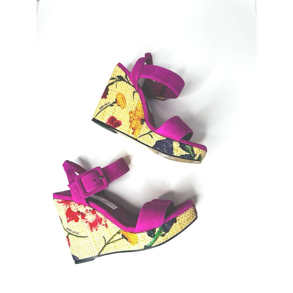 Jimmy Choo Mirabelle Fuchsia Suede Floral Wedge Slide Sandals EU 37.5